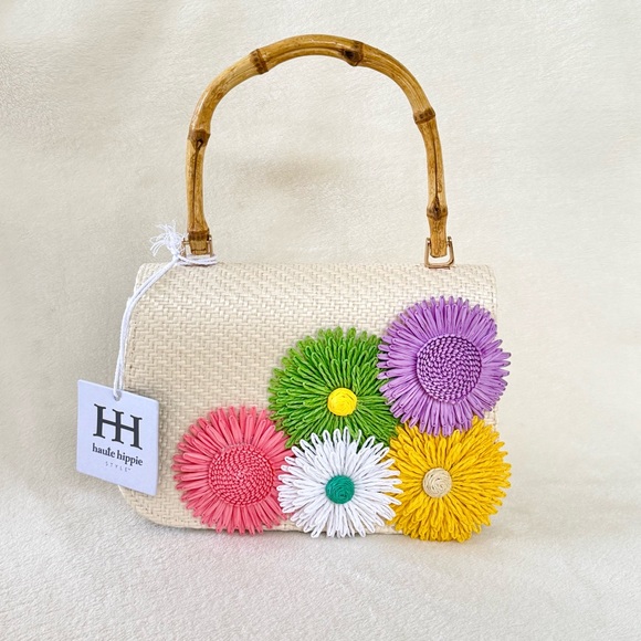 Haute Hippie Handbags - Haute Hippie Straw Bag w/ Colorful Floral Decoration & Bamboo Handle
